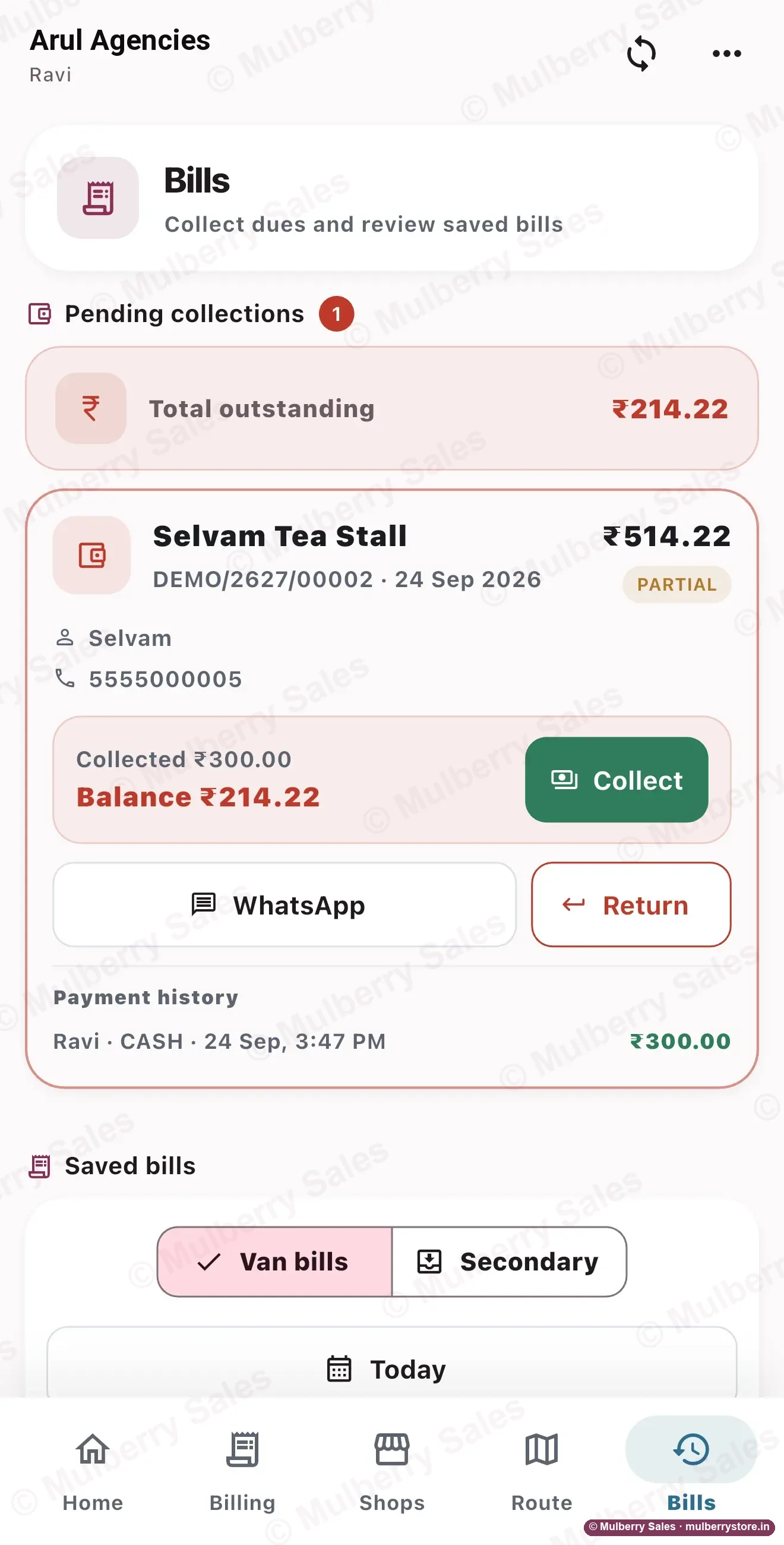 Pending collections in the Mulberry Sales app: a part-paid bill with the balance still owed, a Collect button, WhatsApp and the payment history.