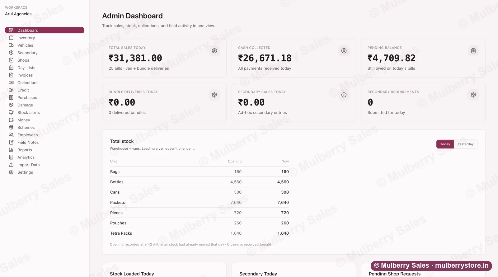 Mulberry Sales dashboard: today's sales, cash collected, pending balance and the latest bills.