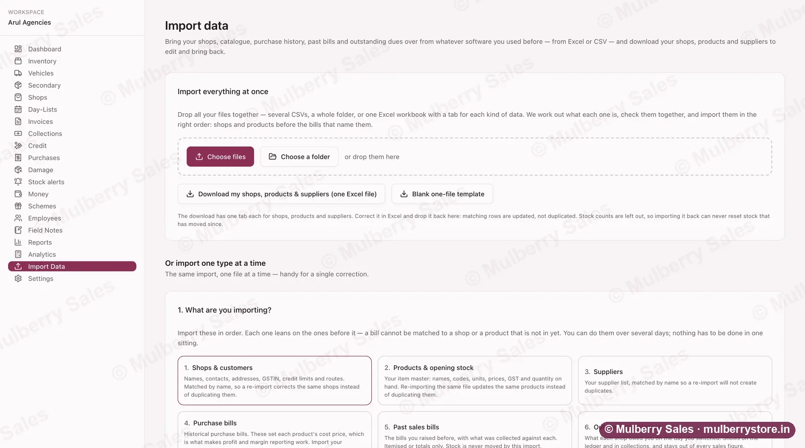 Mulberry Sales import screen: bring shops, products, suppliers, past bills and outstanding dues in from Excel or CSV.