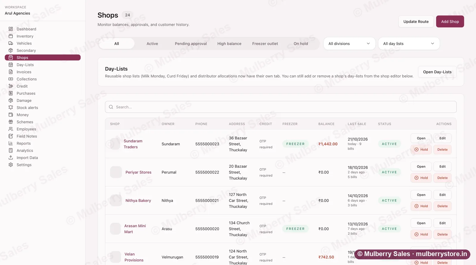 Mulberry Sales shops list: each shop's route address, credit rule, freezer tag, balance and last sale, with open, edit, hold and delete on every row.